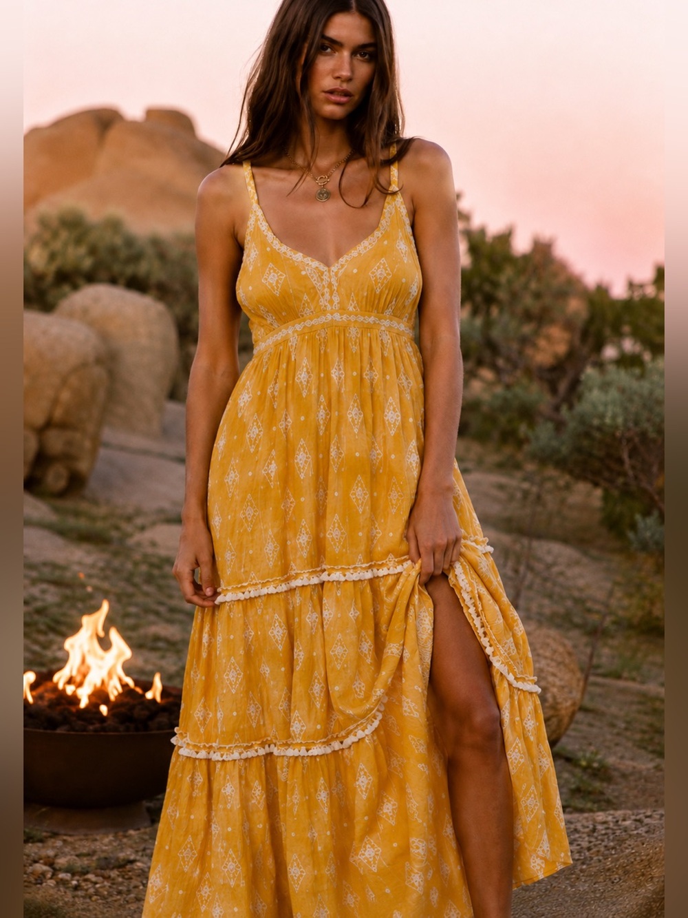 RAGA Summerland Marigold Embroidered Maxi Dress L
